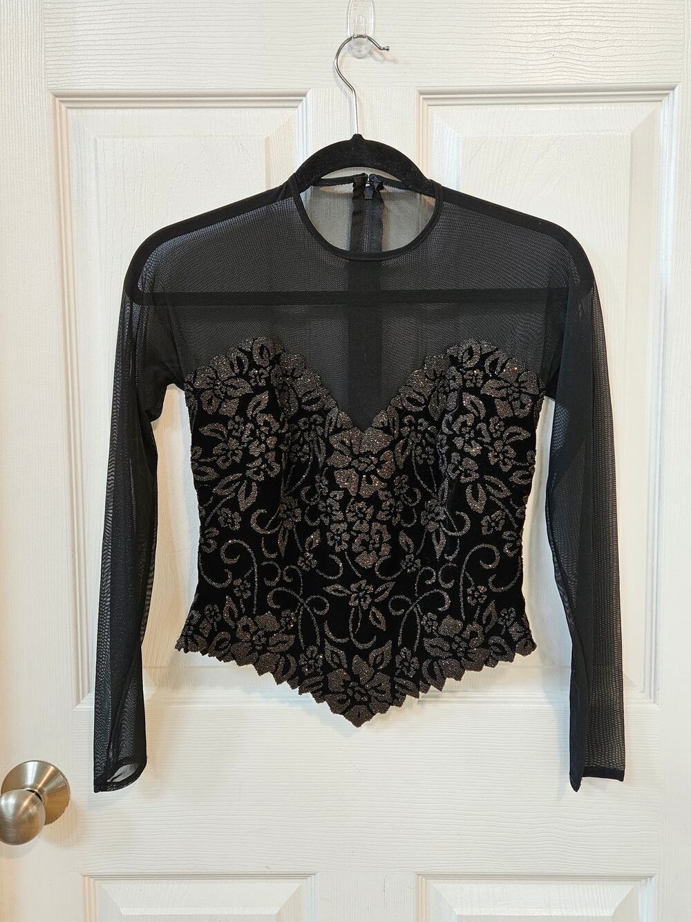 Vintage Tadashi Shoji Black Velvet Mesh Corset Top Blouse USA Made XS